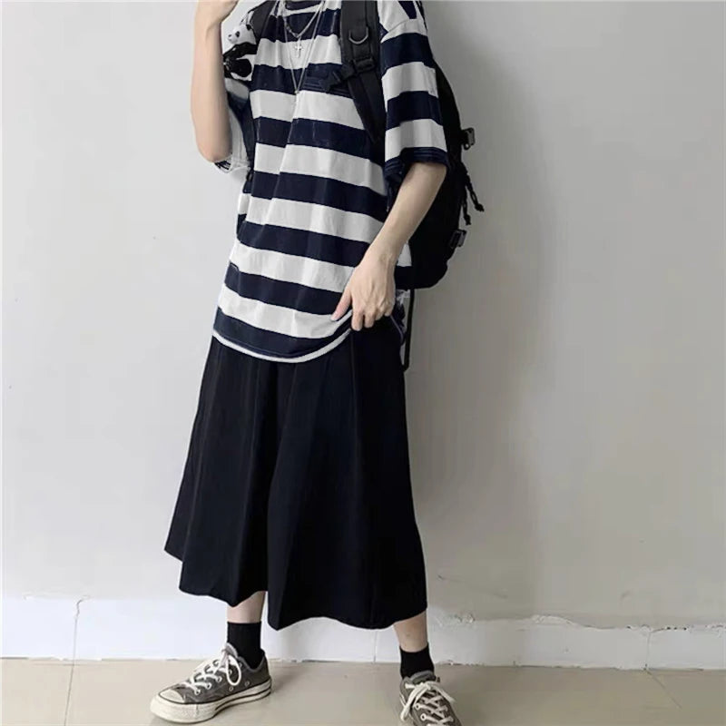 Women T-Shirts Harajuku Goth Punk Stripe Print Short Sleeve Loose Clothes Oversized T Shirt Female Tops Hip Hop Tee Shirt