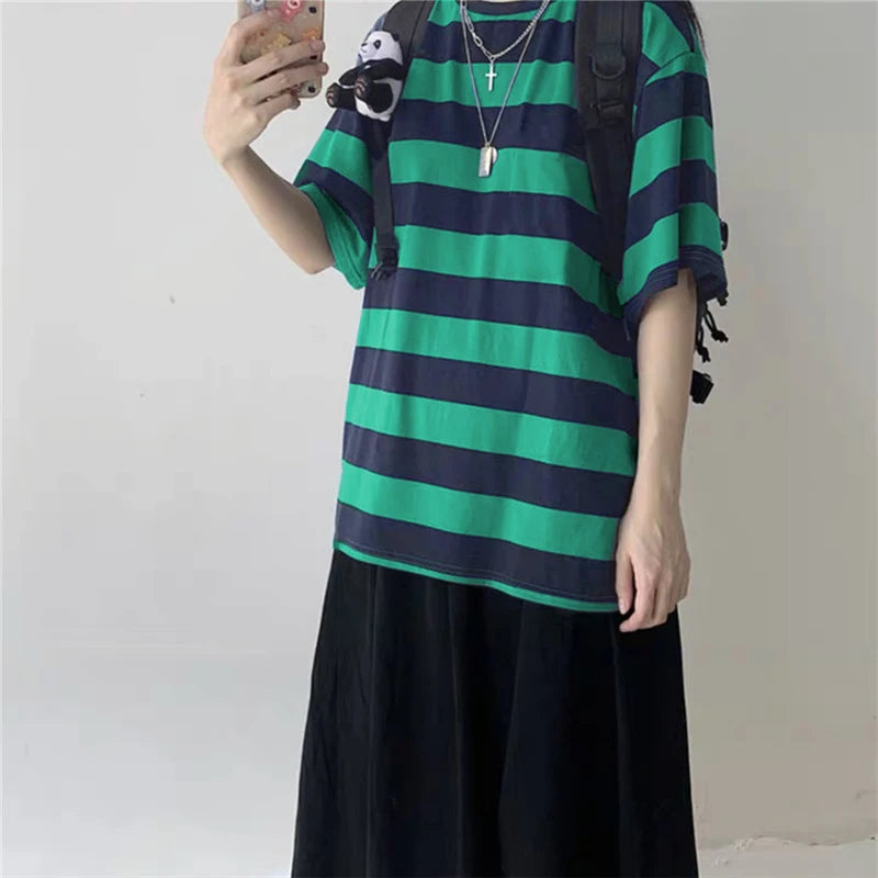 Women T-Shirts Harajuku Goth Punk Stripe Print Short Sleeve Loose Clothes Oversized T Shirt Female Tops Hip Hop Tee Shirt