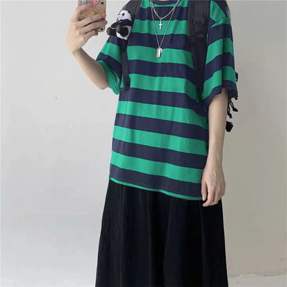 Women T-Shirts Harajuku Goth Punk Stripe Print Short Sleeve Loose Clothes Oversized T Shirt Female Tops Hip Hop Tee Shirt
