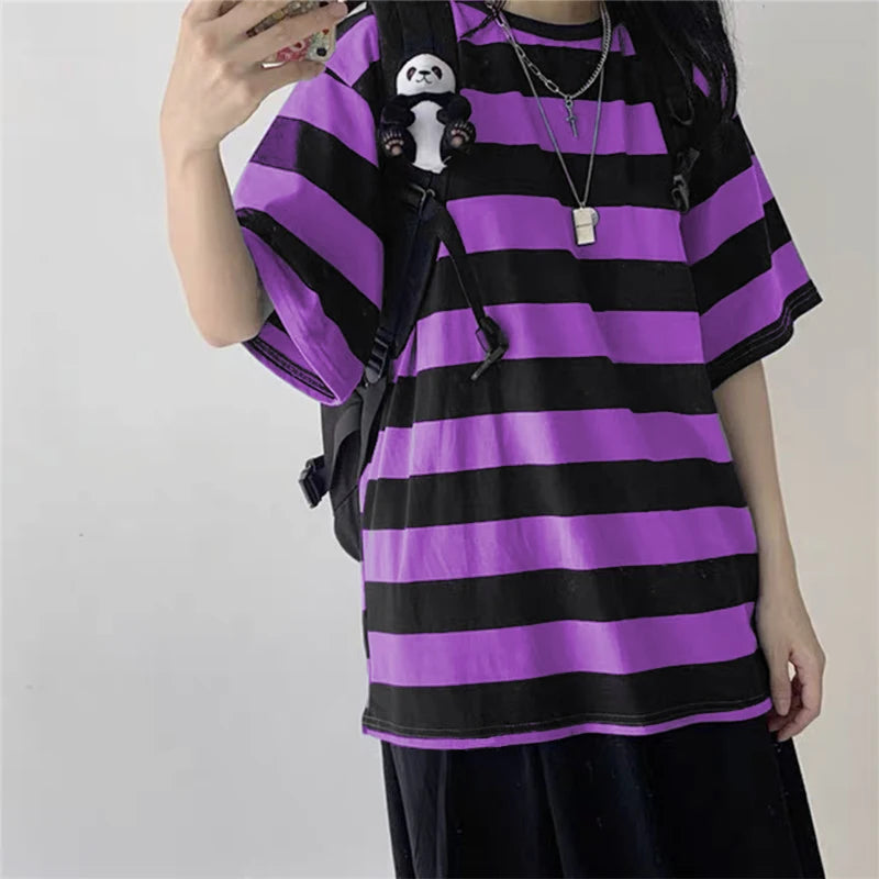 Women T-Shirts Harajuku Goth Punk Stripe Print Short Sleeve Loose Clothes Oversized T Shirt Female Tops Hip Hop Tee Shirt