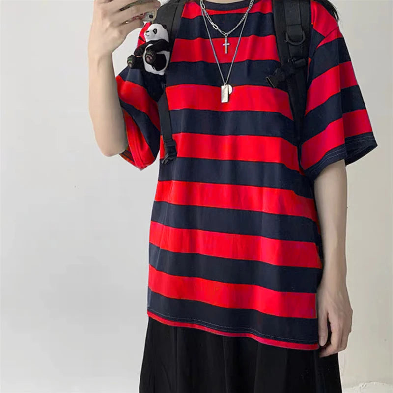 Women T-Shirts Harajuku Goth Punk Stripe Print Short Sleeve Loose Clothes Oversized T Shirt Female Tops Hip Hop Tee Shirt