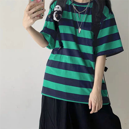 Women T-Shirts Harajuku Goth Punk Stripe Print Short Sleeve Loose Clothes Oversized T Shirt Female Tops Hip Hop Tee Shirt